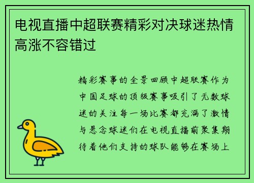 电视直播中超联赛精彩对决球迷热情高涨不容错过